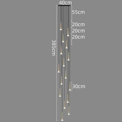 Modern black conical decorbites crystal led chandelier with slender metallic rods and gold-toned cone lights for staircase lighting