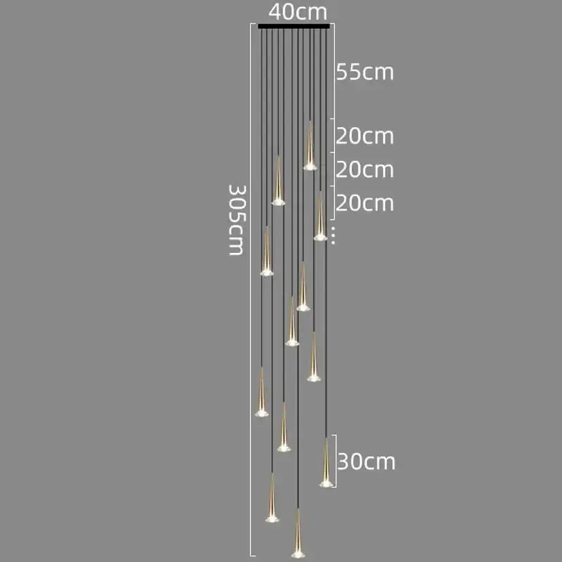 Modern black conical decorbites crystal led chandelier with gold-toned minimalist pendant lights for staircase lighting