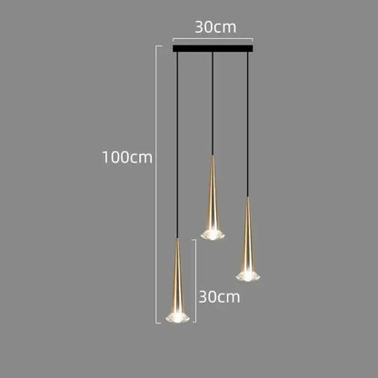 Modern black conical decorbites crystal led chandelier with gold-toned pendant light and three slender cone shades