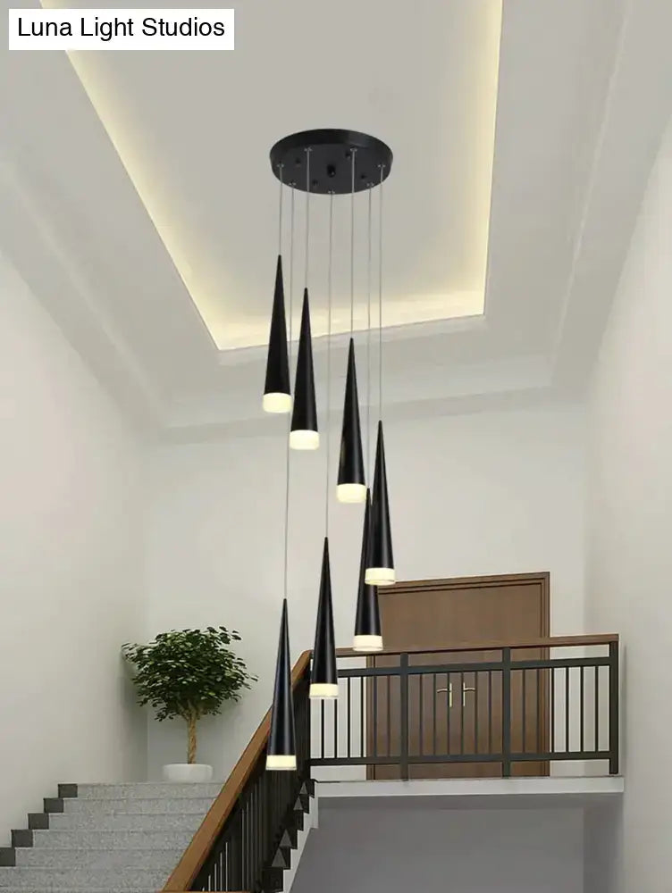 Modern black conical led pendant lamp with frosted glass shades and circular ceiling mount for kitchen island lighting