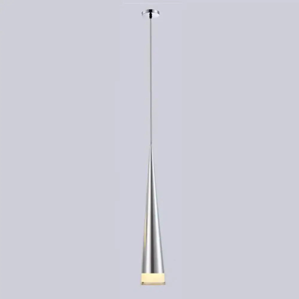 Modern black conical led pendant lamp with sleek metallic body and warm LED glow for kitchen island lighting