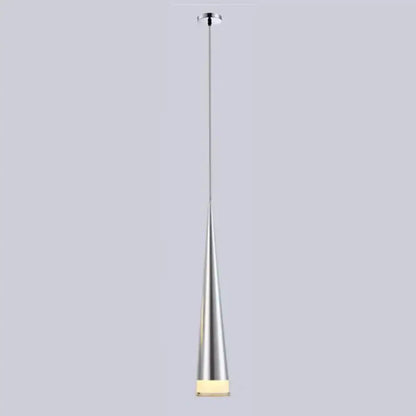 Modern black conical led pendant lamp with sleek metallic body and warm LED glow for kitchen island lighting