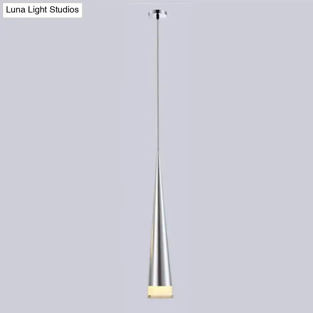 Modern black conical led pendant lamp with sleek metallic cone design and warm led illumination for kitchen island
