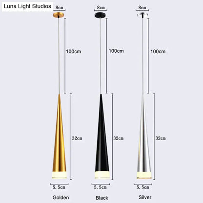 Modern black conical led pendant lamp and two additional gold and silver LED pendant lamps with metallic rods for kitchen island