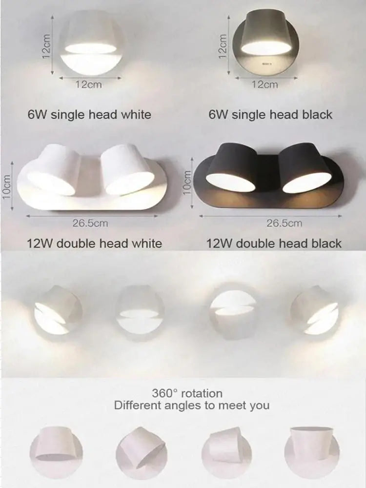 Modern black conical led wall lamp with white and black adjustable 360-degree single or double head wall lamp for reading