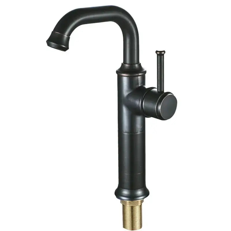 Modern black and copper basin faucet with black matte finish curved spout and black antique brass threaded base