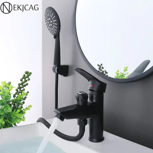Modern black copper basin faucet with integrated handheld showerhead in black copper basin finish with red accent button