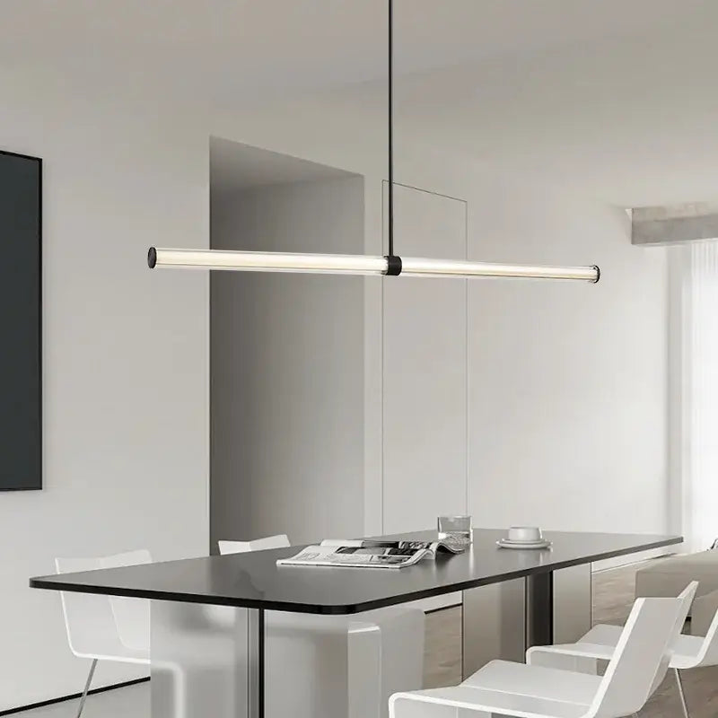 Modern black copper glass pendant dining room lamp with minimalist linear design and sleek black and silver finish