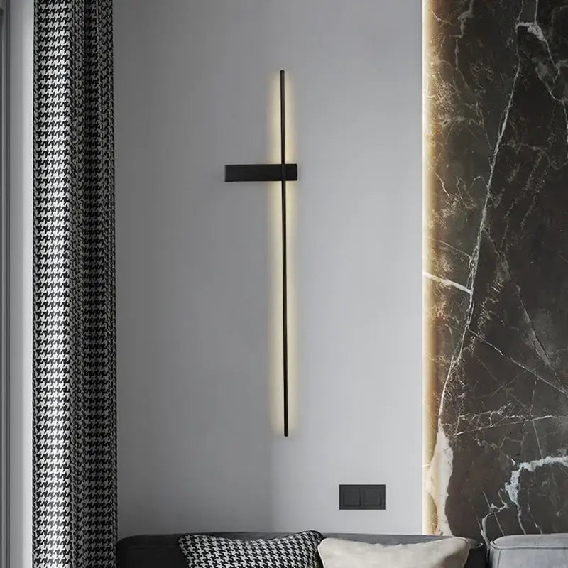Modern black copper wall lamp with minimalist design featuring illuminated vertical bar and horizontal accent for decorbites copper wall lamp collection