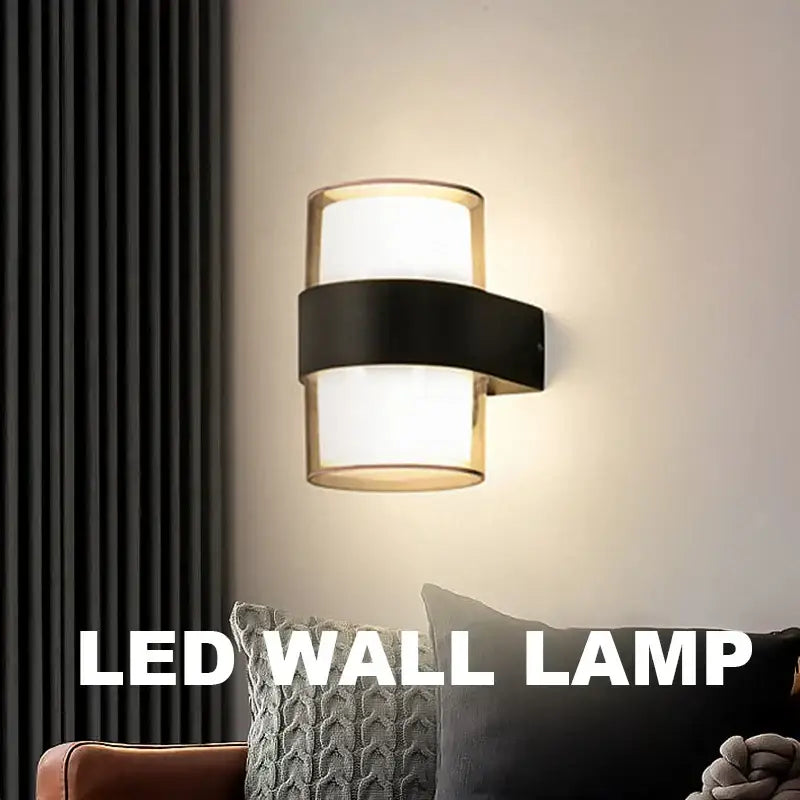 Modern black courtyard led wall light featuring a cylindrical design with a sleek metal band and frosted glass shades for decorbites courtyard led