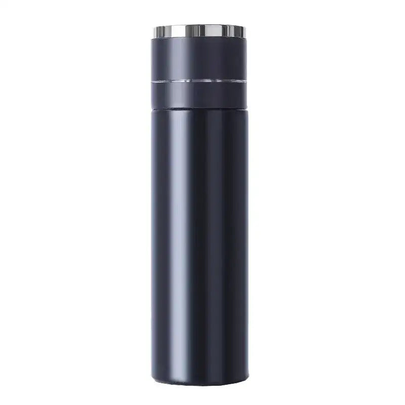 Modern black and cream 400ml stainless steel tumbler with dark navy insulated body and metallic silver lid and accent band