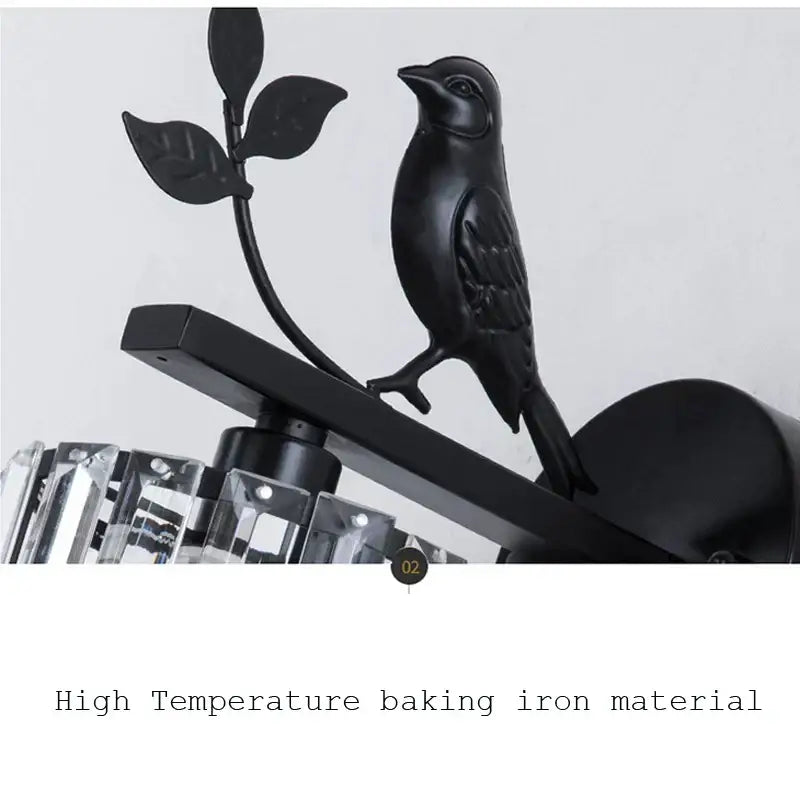 Modern black crystal bird wall lamp features a black wrought iron bird perched above clear crystal chandelier decorbites crystal bird