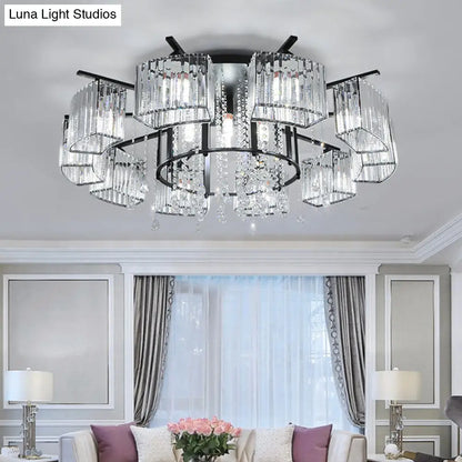 DecorBites™ DecorBites™ Modern Black Crystal Block Semi Flush Ceiling Light - Circle Flushmount for Living Room