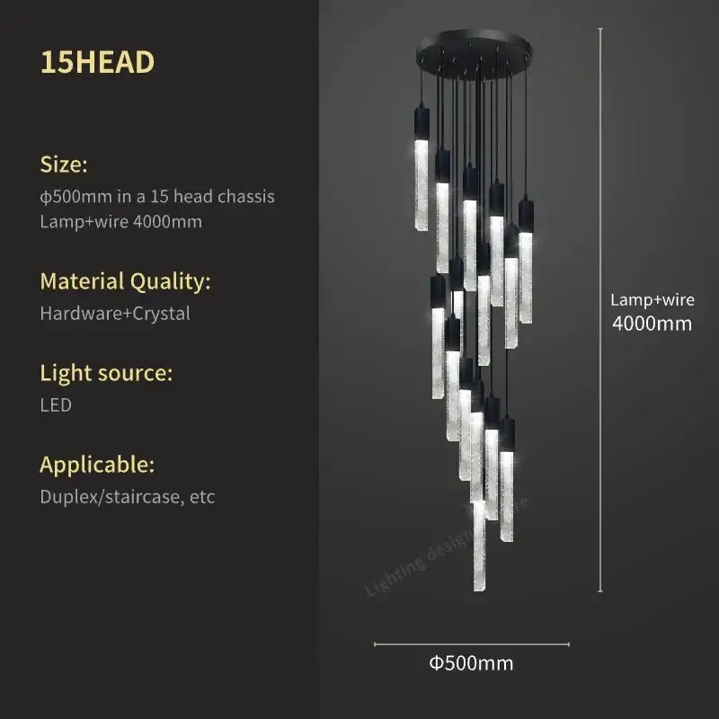 Modern black crystal bubble chandelier pendant light with 15 cylindrical crystal-encrusted lamps and circular base