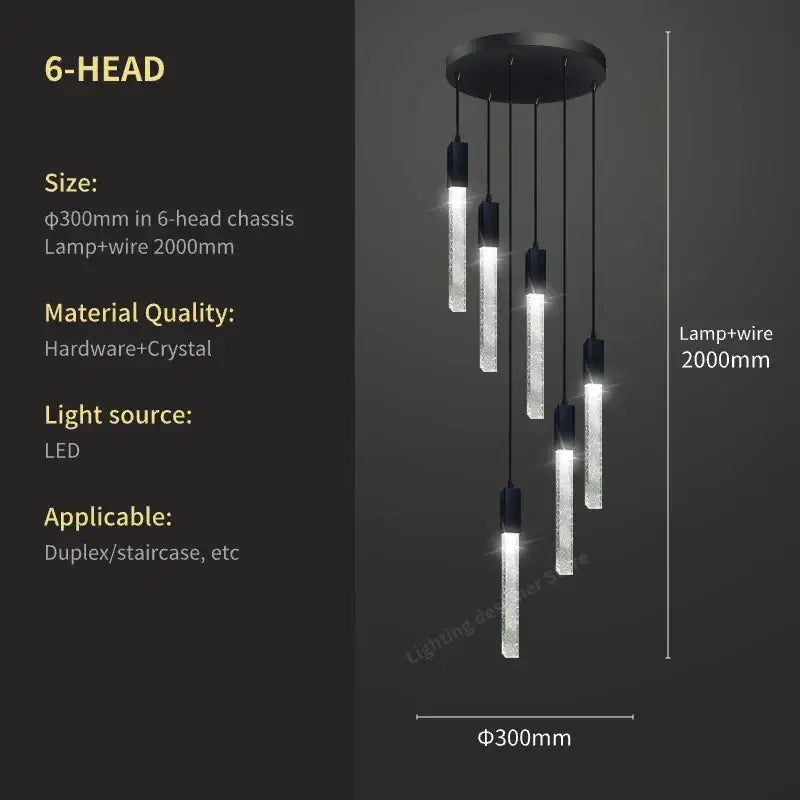 Modern black crystal bubble chandelier pendant light with six textured crystal glass shades for staircase decorbites design
