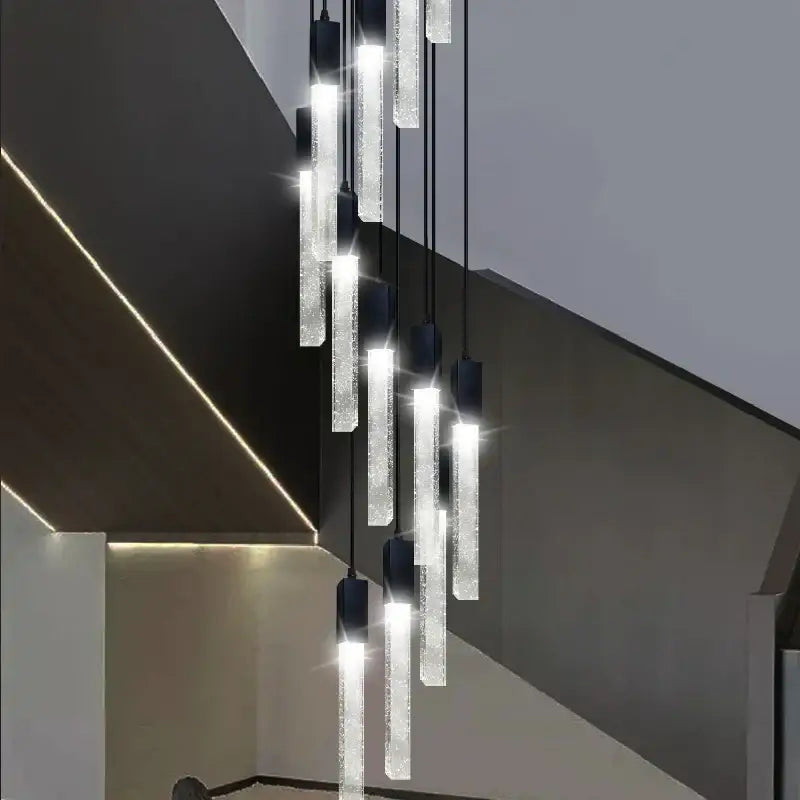Modern black crystal bubble chandelier pendant light with clear textured glass rods and black metal fixtures for staircase decorbites crystal bubble