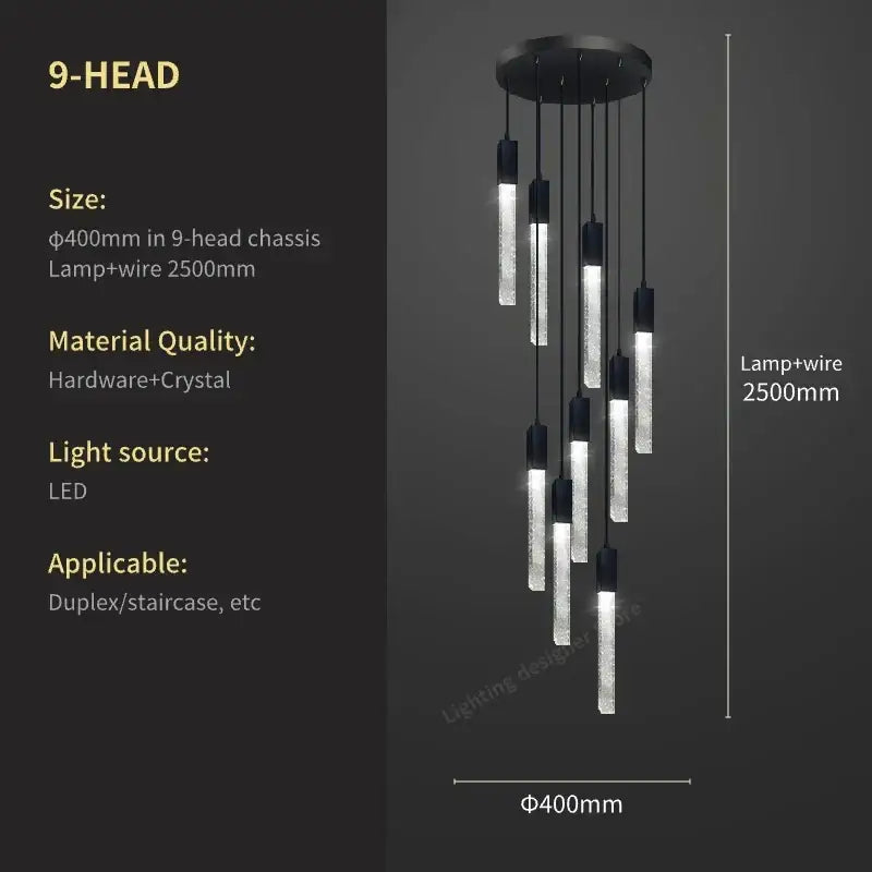 Modern black crystal bubble chandelier staircase pendant light with nine illuminated glass rods in black metal design