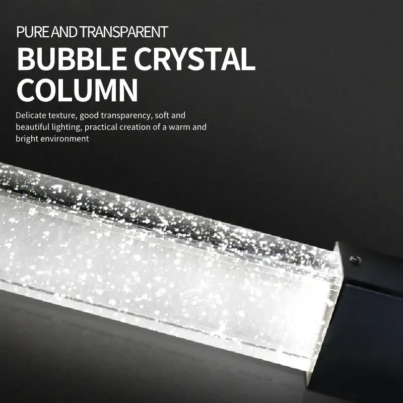 Modern black crystal bubble chandelier pendant light featuring a sleek transparent column with sparkling particles