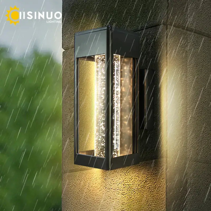 Modern black wall lamp with crystal bubble glass vertical panels and warm yellow light for outdoor decorbites use