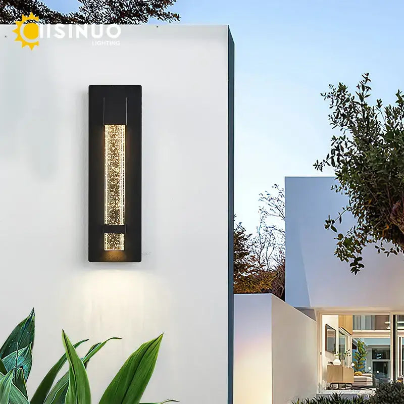 Modern black crystal bubble led wall lamp with vertical glass panel filled with golden glowing beads for garden porch decorbites crystal bubble lighting