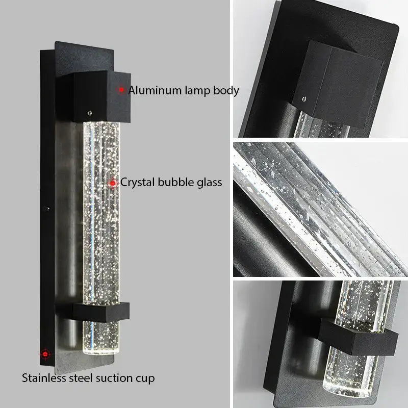 Modern black aluminum wall lamp featuring decorbites crystal bubble led glass cylinder with sparkling particles
