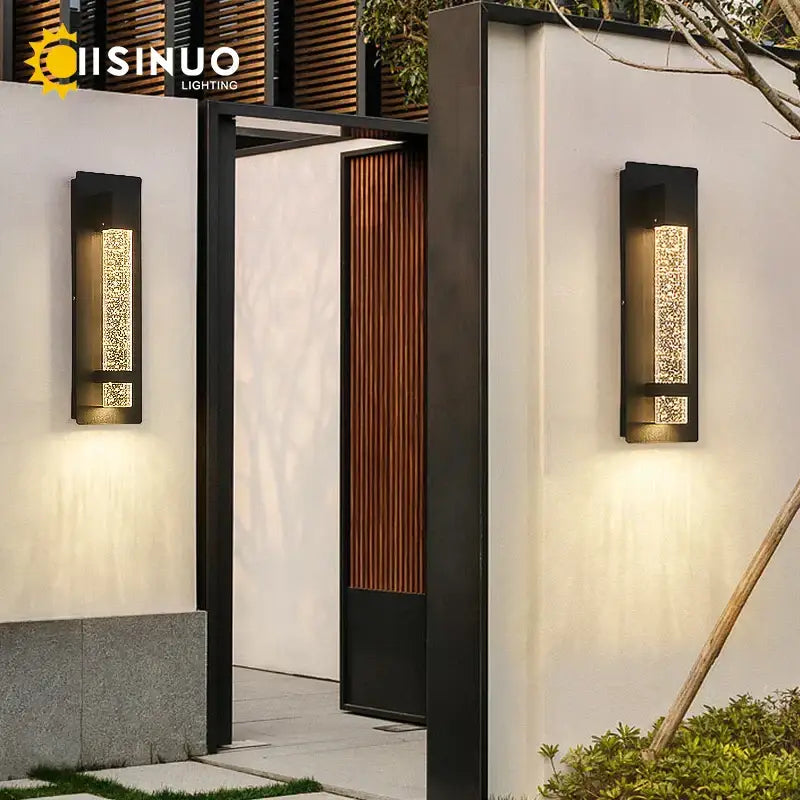 Modern black crystal bubble led wall lamp with textured golden glass panel diffusing warm light for garden porch decorbites crystal bubble