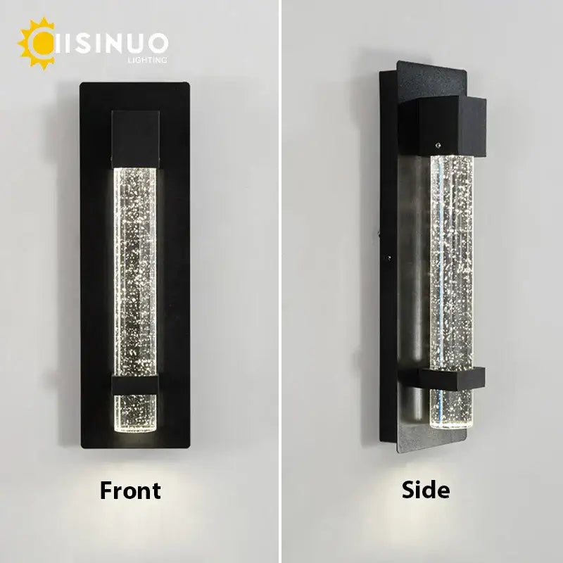 Modern black wall lamp with vertical glass tube filled with sparkling decorbites crystal bubble led particles illuminated by led lights