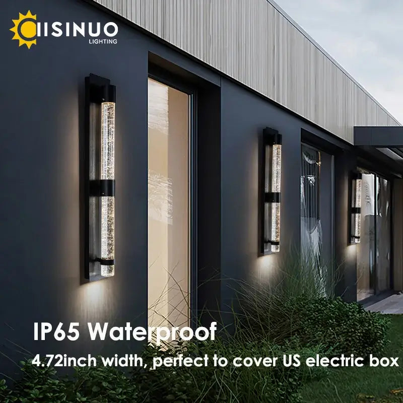 Modern black wall lamp by cuisinuo lighting with vertical glass panel filled with sparkling decorbites crystal bubble beads