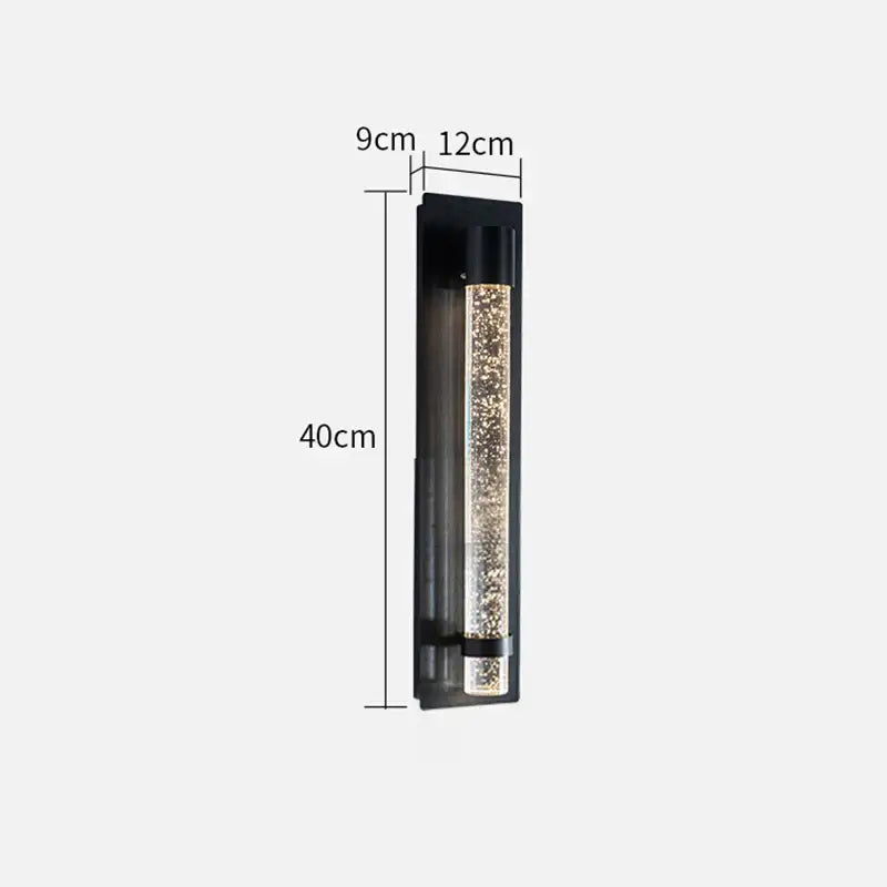 Modern black crystal bubble led wall lamp with vertical glass cylinder filled with golden particles for warm decorbites ambient light