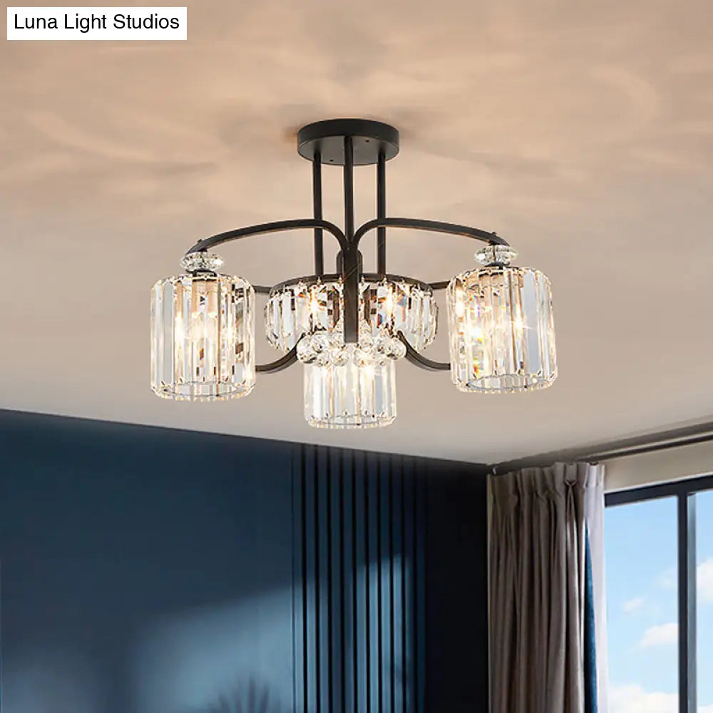 DecorBites™ DecorBites™ Modern Black Crystal Ceiling Lamp with Clear Cylindrical Shade - Semi Mount, 4/8 Heads Dining Room Lighting Fixture