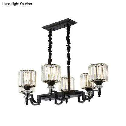 Modern black wrought iron ceiling light with five clear faceted crystal shades and adjustable cord length for dining room