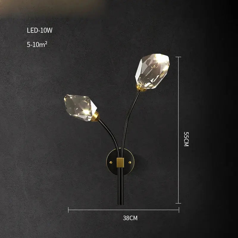 A sleek modern black crystal copper led wall sconce with faceted bulbs and gold-toned accents for decorbites black crystal lighting