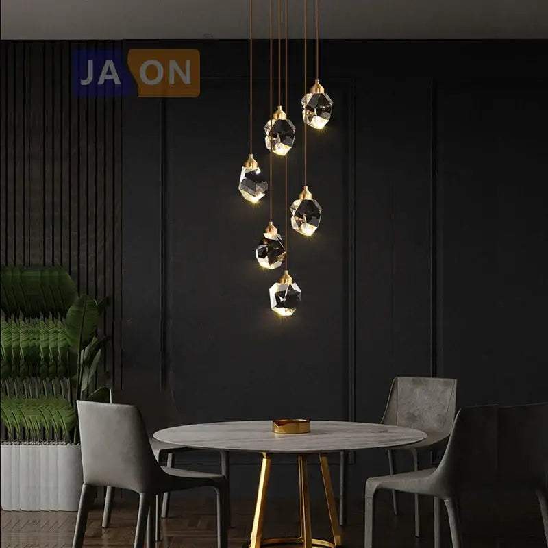 Modern black crystal copper led chandelier with gold-toned geometric crystal pendant light fixtures for dining room decorbites black crystal