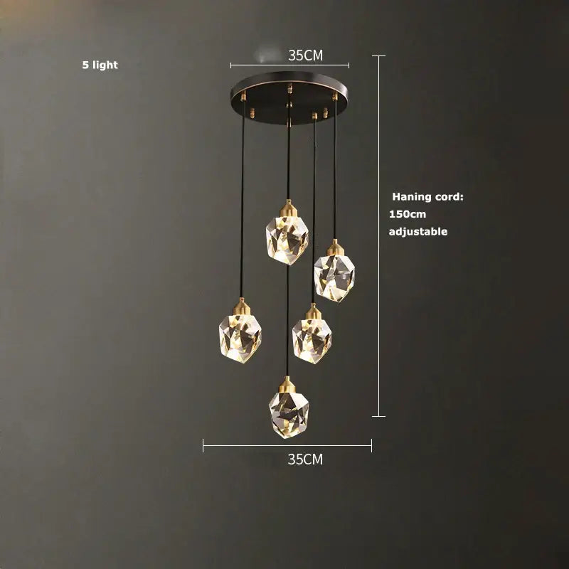 Modern black crystal copper led chandelier with five faceted glass pendants on adjustable cords for dining room decorbites black crystal