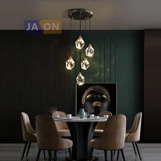 Modern black crystal copper led chandelier featuring geometric crystal pendant lights with gold-toned fixtures for dining room decorbites black crystal
