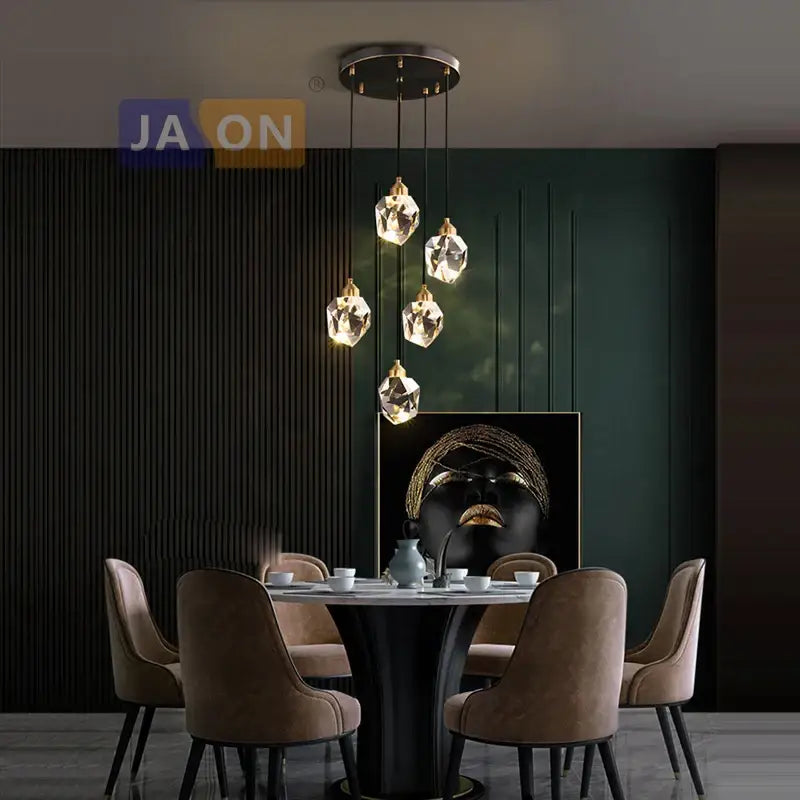 Modern black crystal copper led chandelier featuring geometric crystal pendant lights with gold-toned fixtures for dining room decorbites black crystal