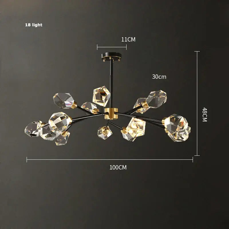 Modern black crystal copper LED chandelier with 18 illuminated facets black metal arms and gold-toned accents decorbites black crystal