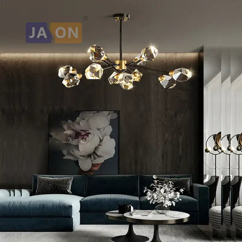 Modern black crystal copper led chandelier with faceted crystal pendants and gold accents for dining room decorbites black crystal