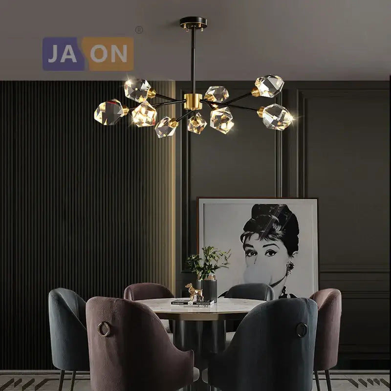 Modern black crystal copper led chandelier with black rod and gold accents featuring warm light faceted bulbs for dining room decorbites black crystal