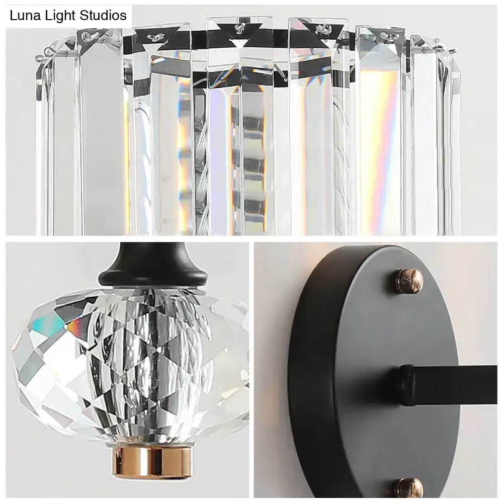 Elegant modern black crystal drum wall sconce with faceted shade and gold accents flush mount wall light for living room