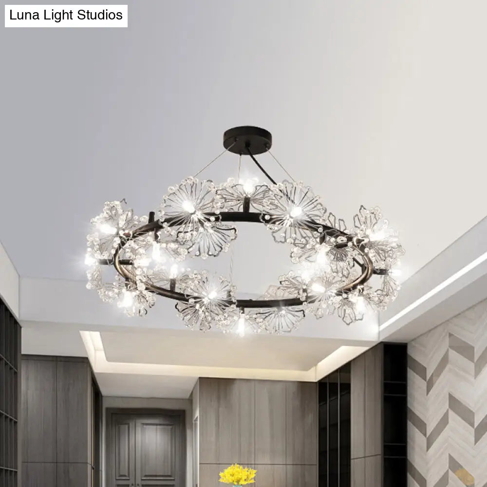 Lámpara colgante moderna de cristal negro con forma de flor en forma de círculo para sala de estar - 15 luces