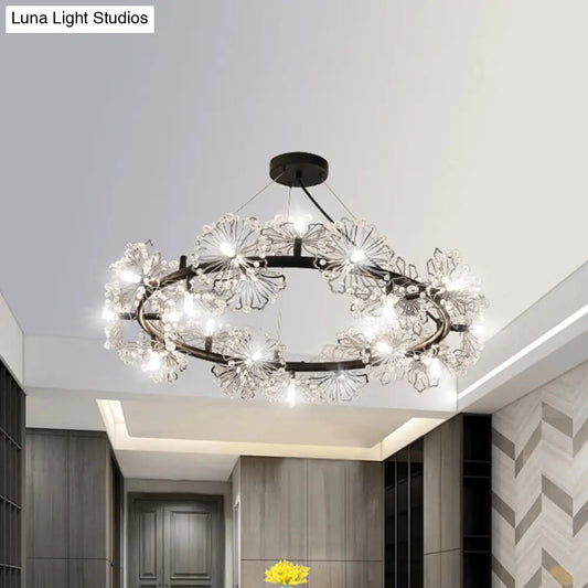 Lámpara colgante moderna de cristal negro con forma de flor en forma de círculo para sala de estar - 15 luces