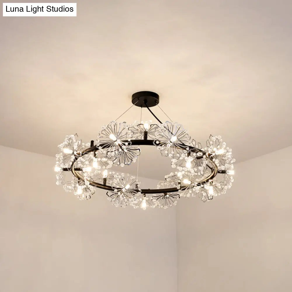 Lámpara colgante moderna de cristal negro con forma de flor en forma de círculo para sala de estar - 15 luces