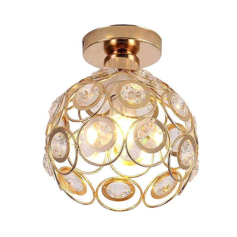 Modern black crystal flush mount ceiling light with gold-toned spherical crystal chandelier and interlocking circular frames