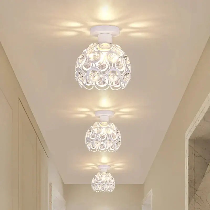 Modern black crystal flush mount ceiling light with three identical white crystal globe fixtures for hallway decorbites crystal flush