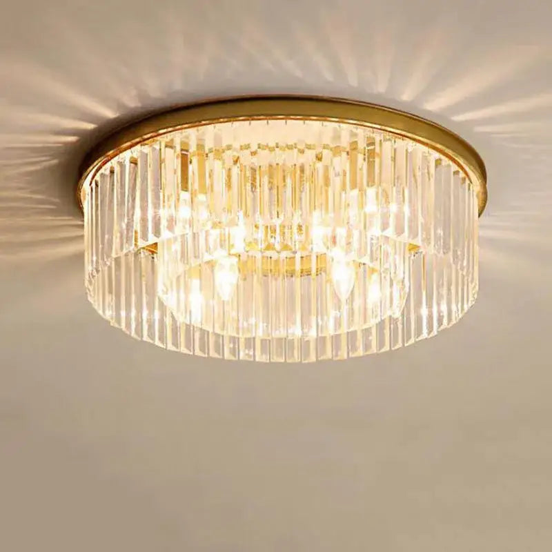 Modern black crystal flush mount ceiling light with gold-toned frame and clear crystal prisms for living room decorbites crystal flush