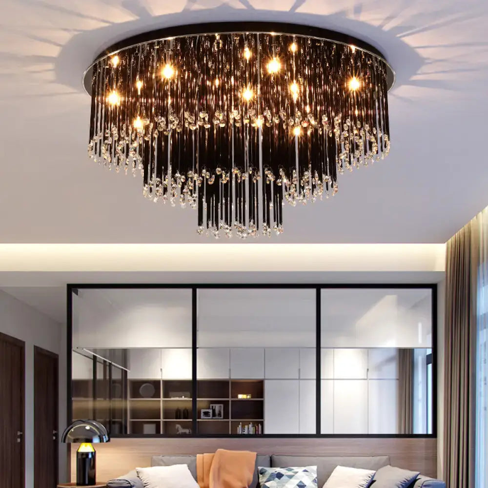 Decorbites modern black crystal flush mount chandelier with black frame and cascading crystals for bedroom lighting