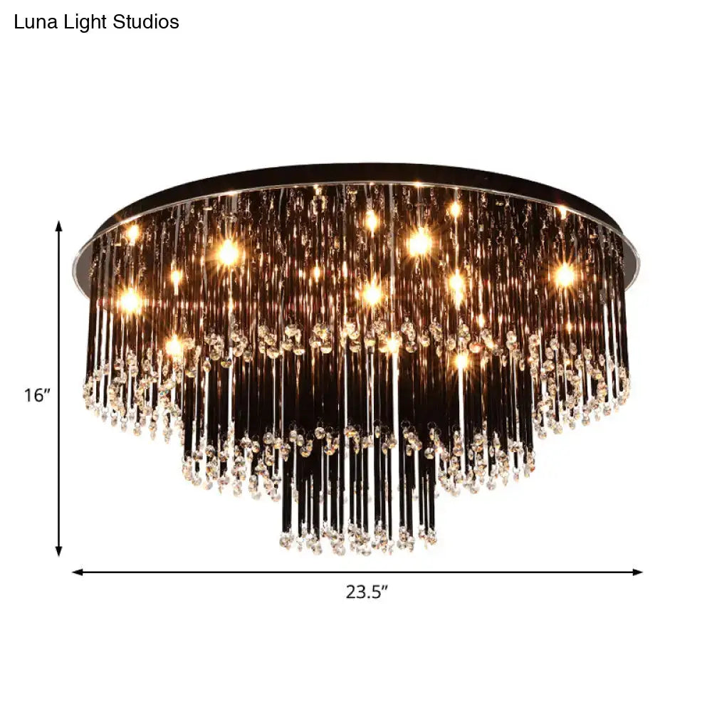 DecorBites modern black crystal flush mount chandelier with cascading glass bead strands and tiered design for bedroom