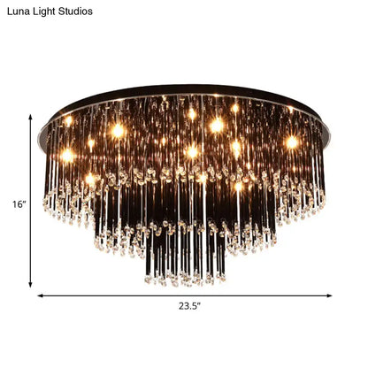 DecorBites modern black crystal flush mount chandelier with cascading glass bead strands and tiered design for bedroom