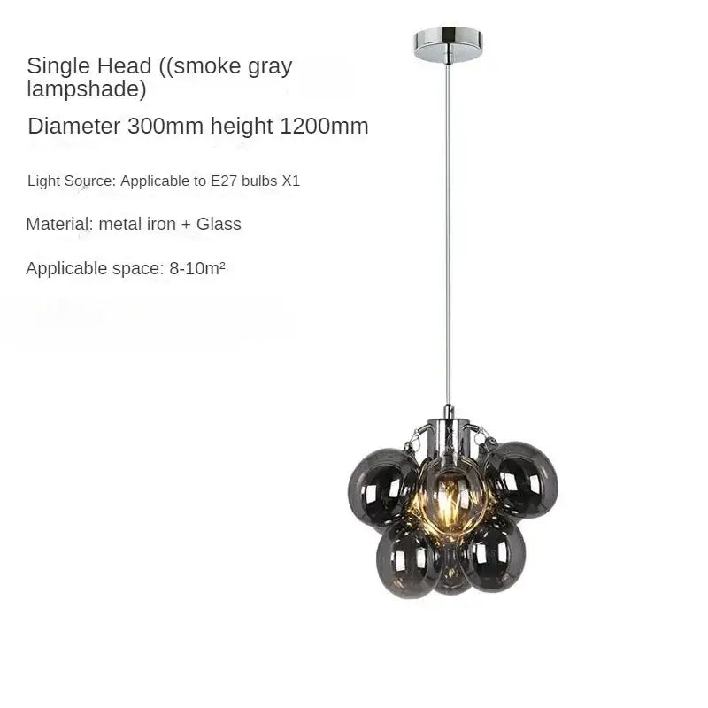 Modern black crystal grape chandelier pendant light with smoke gray glass spheres and chrome rod by Decorbites crystal grape